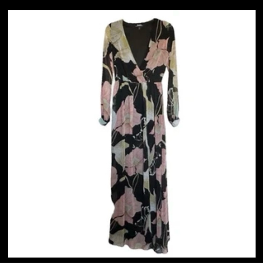 Lulus Wondrous Water‎ Lilies Maxi Dress XS Black Floral Long Sleeve Chiffon USA